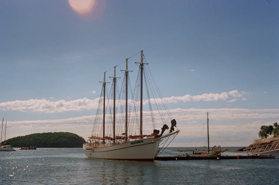 A four-masted schooner moored off Bar Harbour