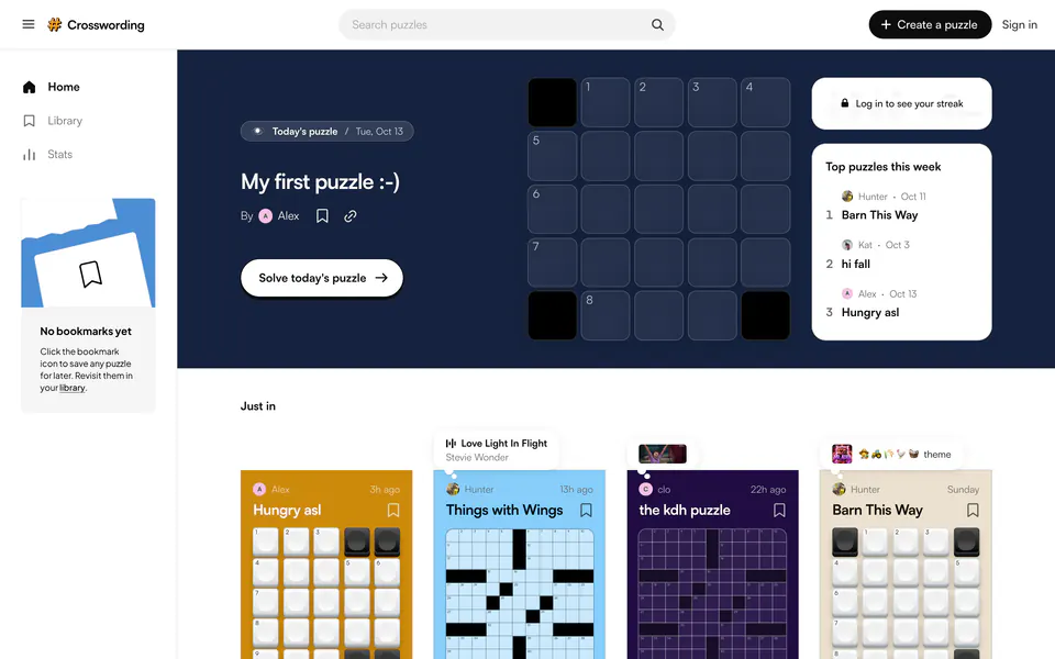 The crosswording.org front page: today's puzzle on a navy hero, the week's top puzzles, and a feed of puzzles in different board styles, some with a song or GIF pinned above them