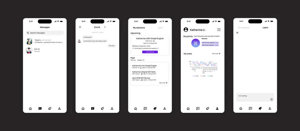 Messaging, sessions, learn, and profile screens