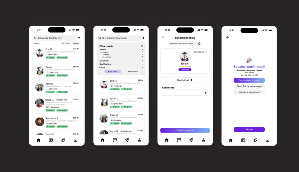 Booking process screens