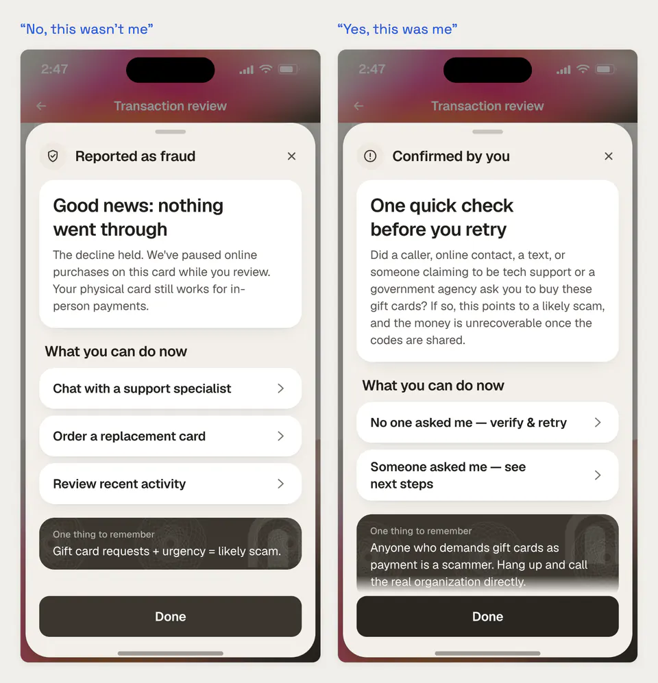 The two feedback branches: reported as fraud, and confirmed by the cardholder