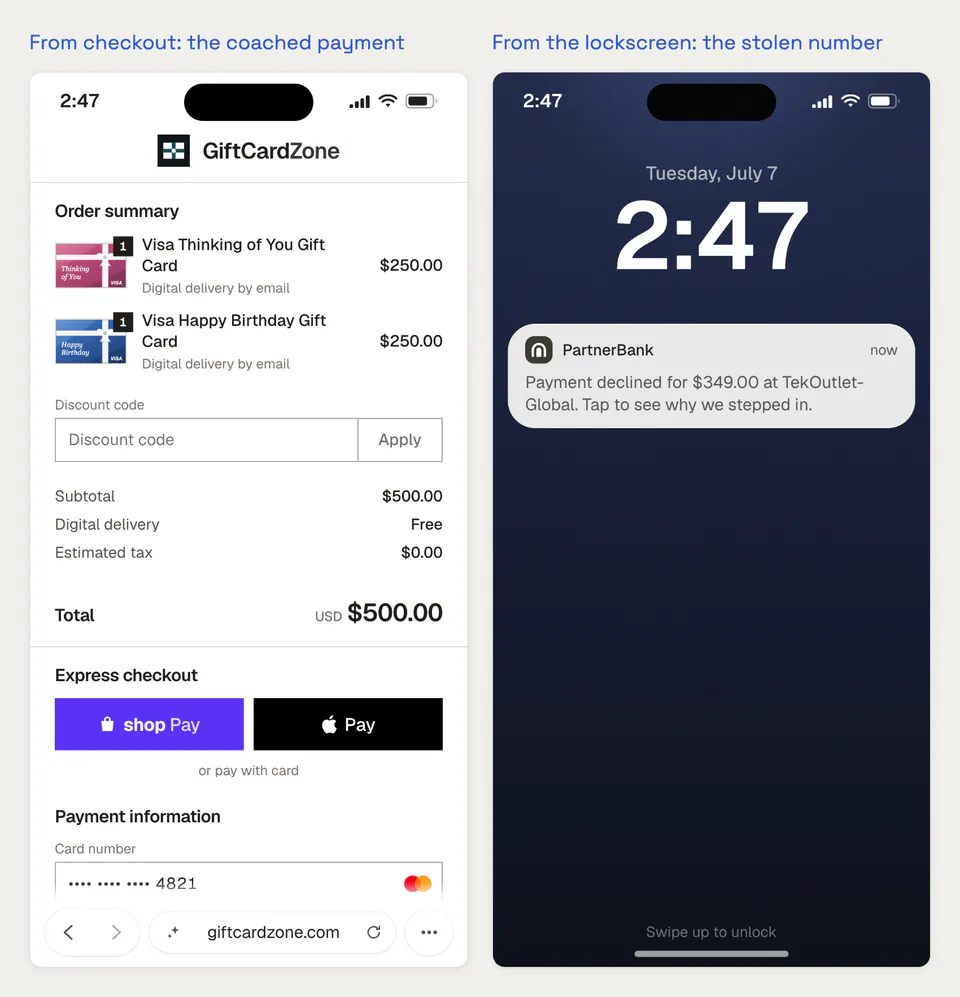 The demo opening at a merchant checkout, and on a phone lock screen at 3:12 AM
