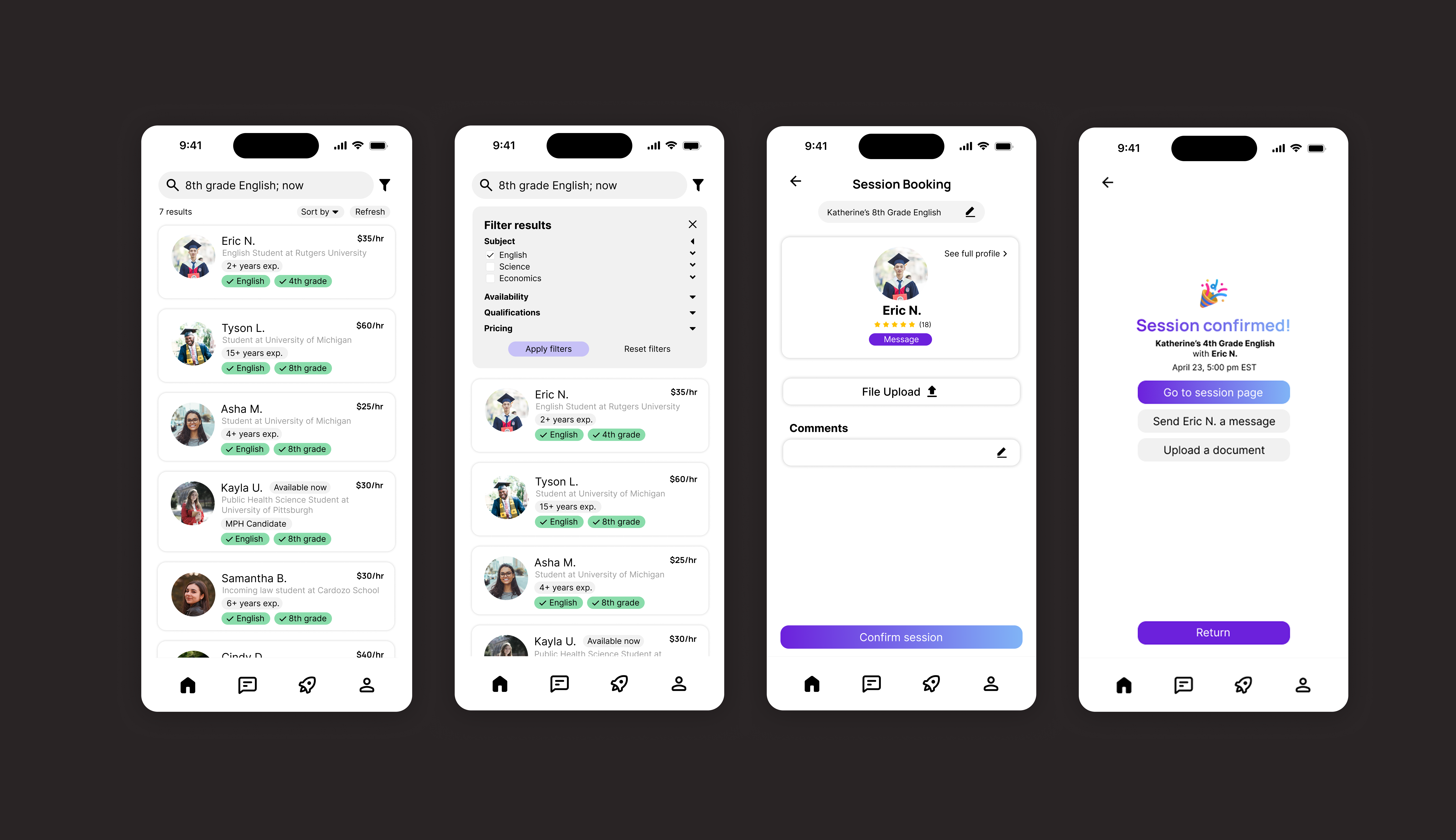 Booking process screens